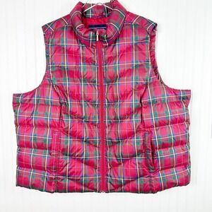 3X Lands' End Red Green Yellow Plaid‎ Down Full Zip Puffer Vest 24-26W